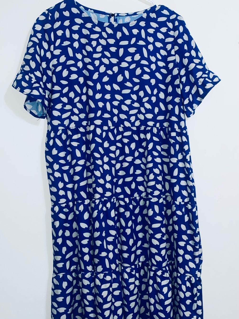 Blue and White Leaf-Print Tiered Midi Dress by